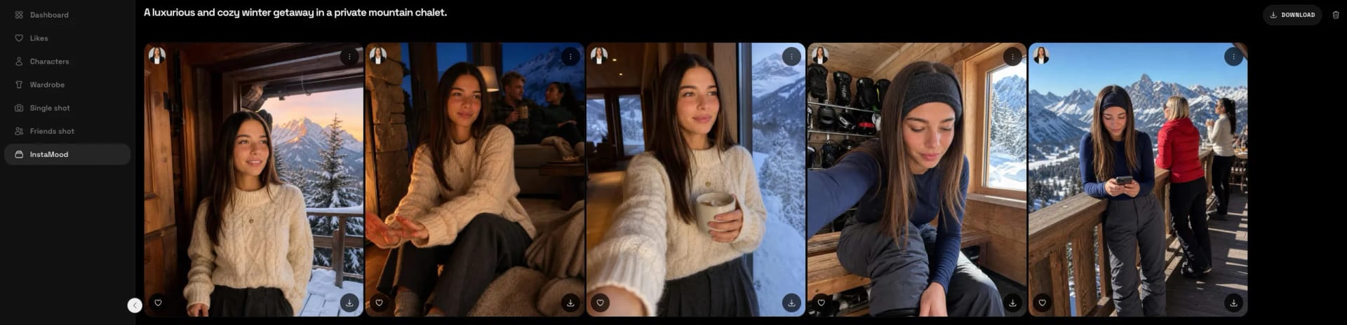 Cladegrove InstaMood batch view: one winter chalet brief generates a coherent five-shot campaign pack with the same locked brand ambassador across cabin, balcony, ski and group scenes.