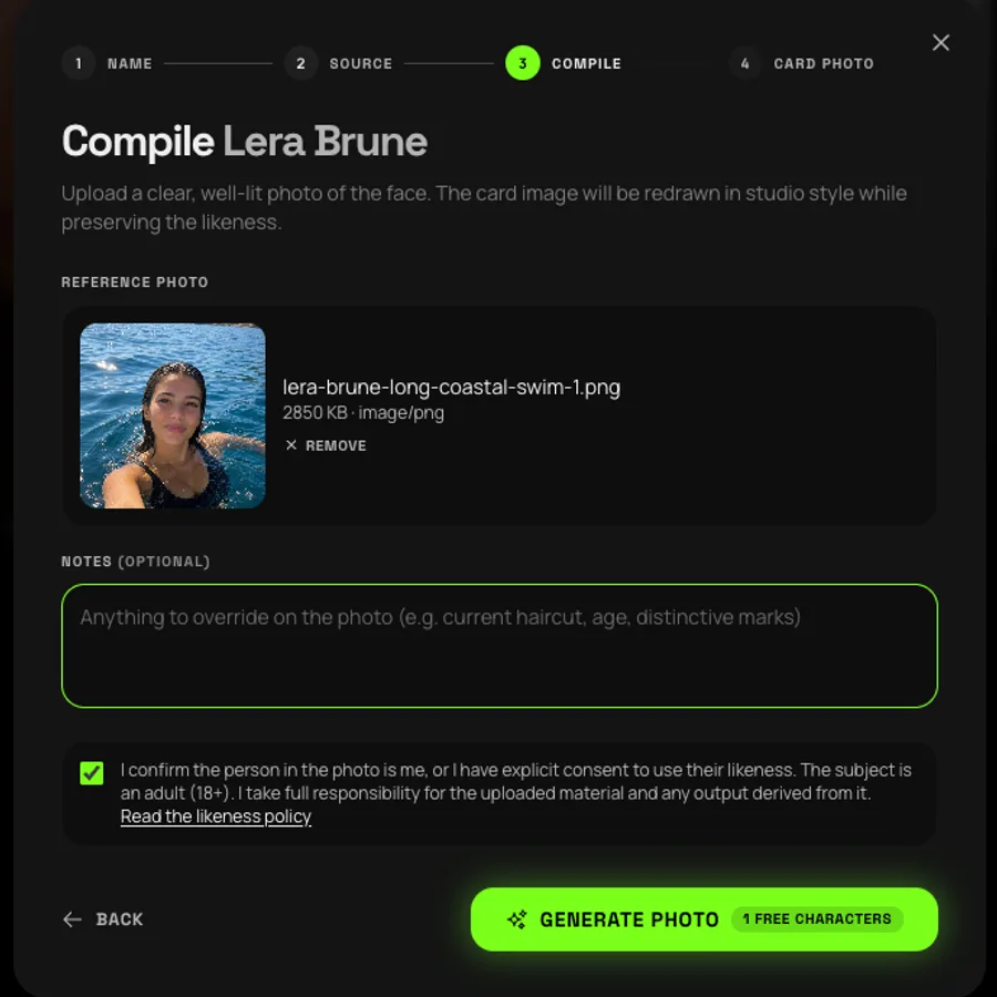 Cladegrove character wizard on the Compile step, uploading a clear reference photo of a face that gets redrawn in studio style while preserving the likeness