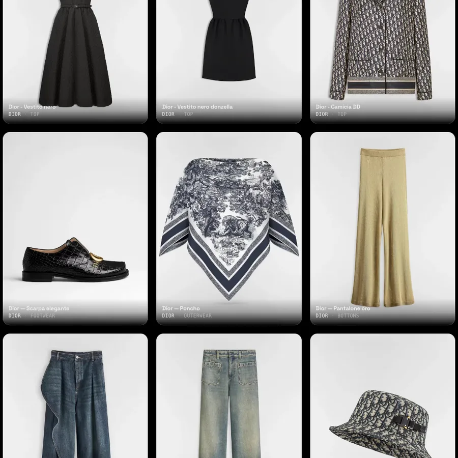 Cladegrove wardrobe grid with saved outfit pieces across slots from headwear to footwear, ready to apply as one-click looks on a consistent character