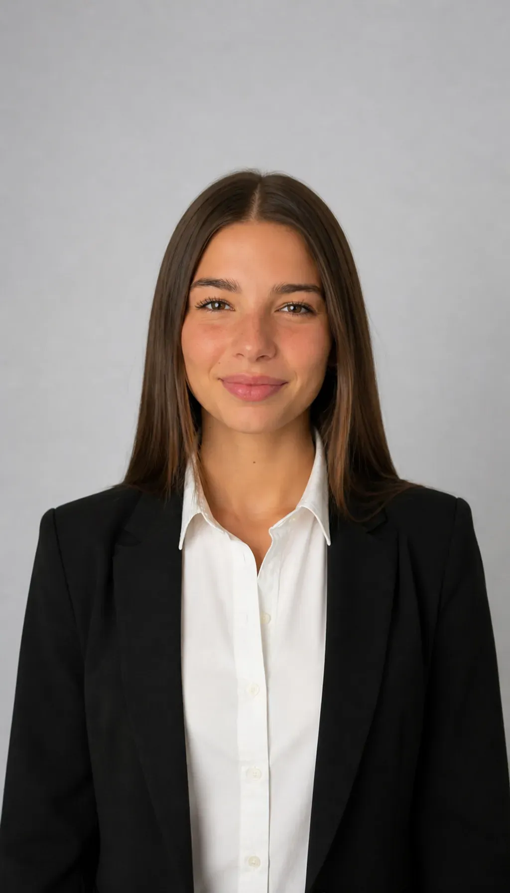 Lera Brune studio headshot, black blazer over a white shirt on a neutral grey backdrop. AI character generated on Cladegrove