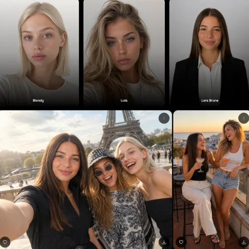 Friends example: three AI character profiles (Blondy, Lula, Lera Brune) above two group photos with the same faces, a Paris selfie at the Eiffel Tower and a rooftop sunset with drinks
