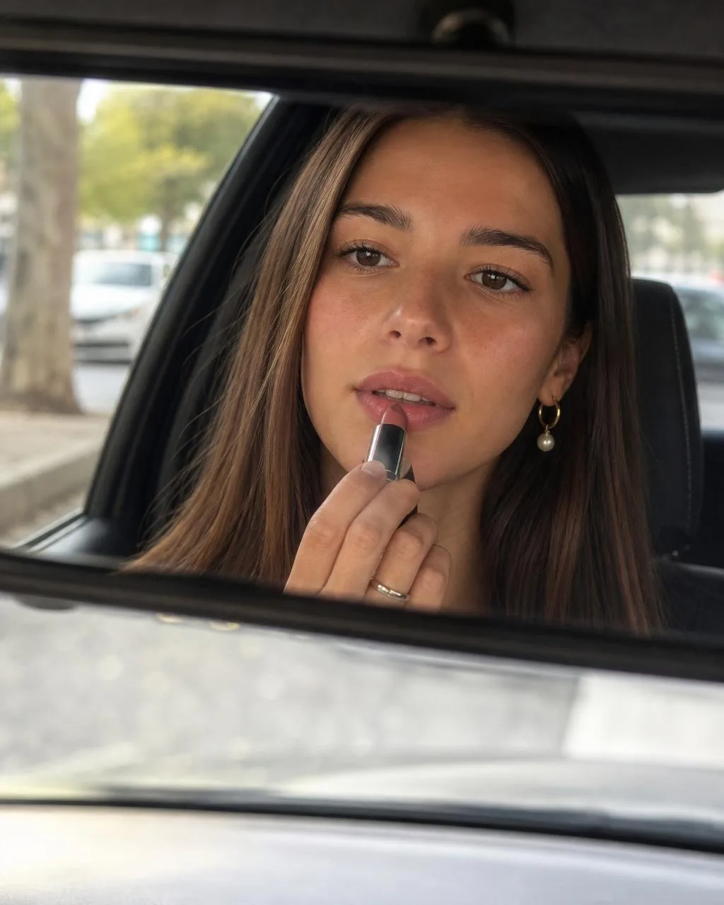Cladegrove AI portrait of a young woman applying nude lipstick in a car side-mirror reflection in soft daylight, real skin texture with natural freckles, fine grain and pores dosed where they belong. Same face stays across every photo on Cladegrove