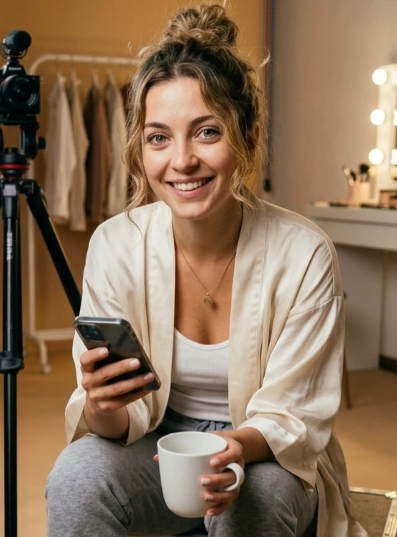 Portrait of a woman with a phone and coffee sitting in front of a camera in a creator studio, used as the comparison reference against Cladegrove real-skin output