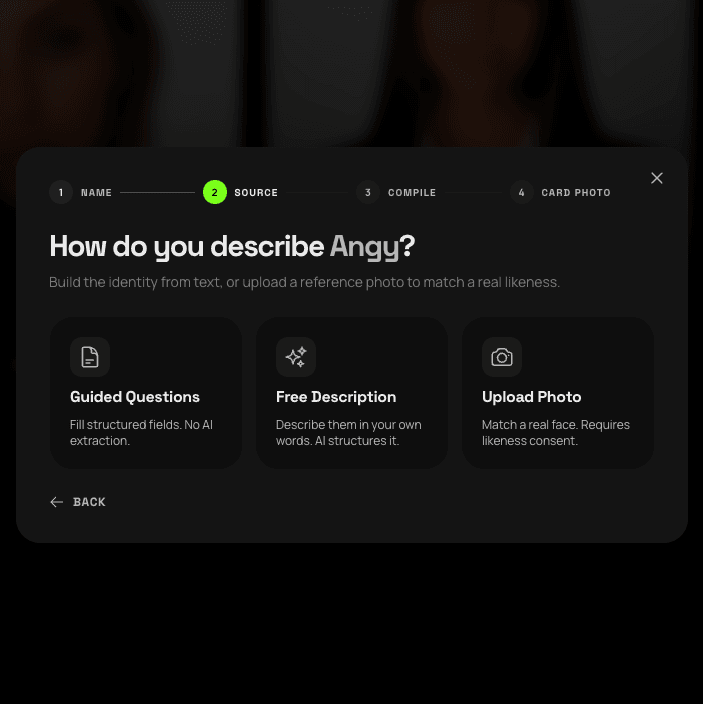 Cladegrove character builder modal on the Source step, offering guided questions, free description or photo upload to compile a reusable AI persona