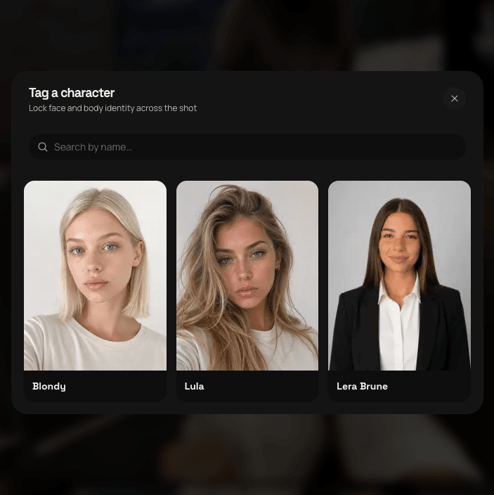 Cladegrove Tag a character modal showing a saved persona roster with Blondy, Lula and Lera Brune locking face and body identity across the shot
