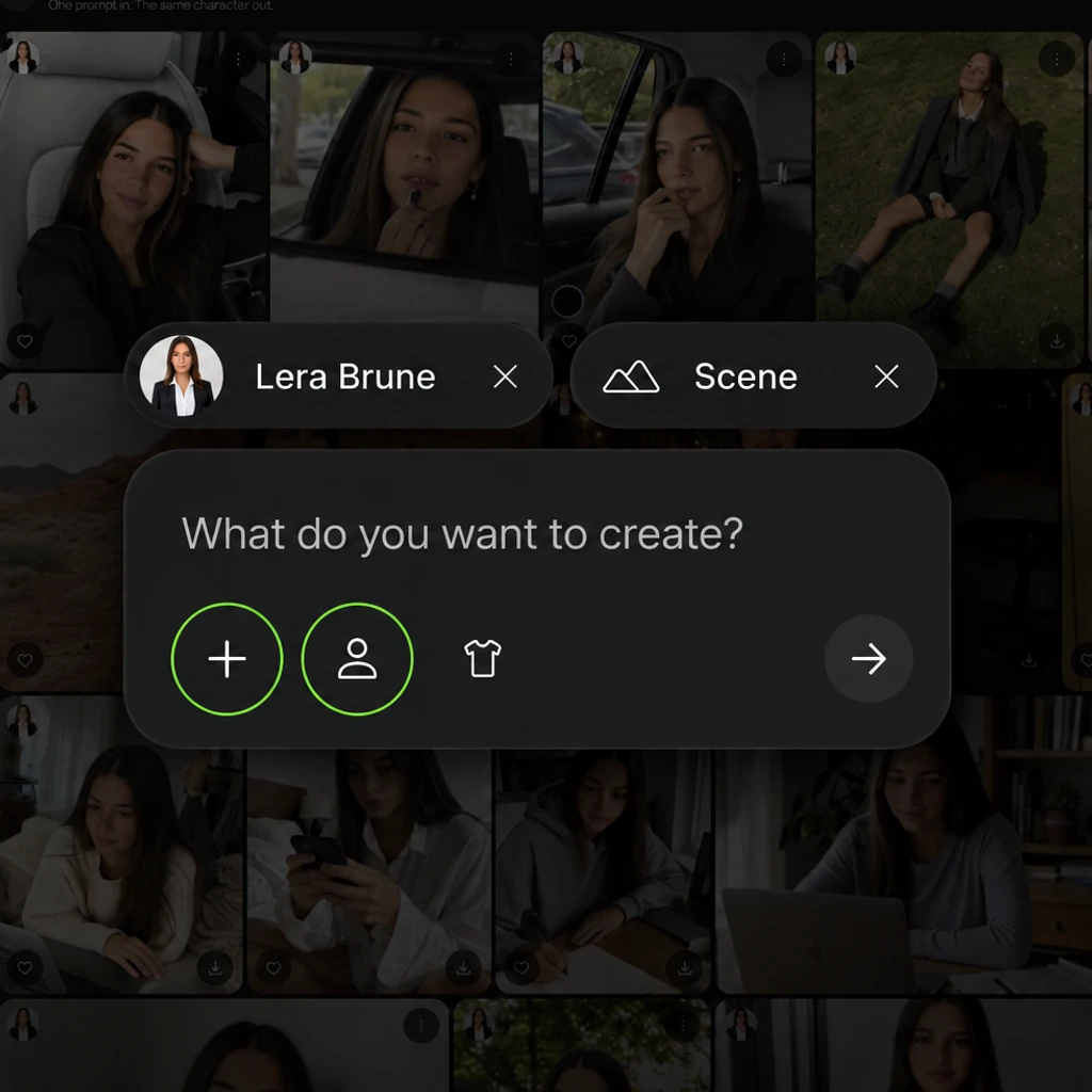Cladegrove Single shot composer with a Lera Brune character tag and a Scene tag attached above the "What do you want to create?" prompt box, set over a grid of generated photos of the same character, ready to generate without rewriting the identity description